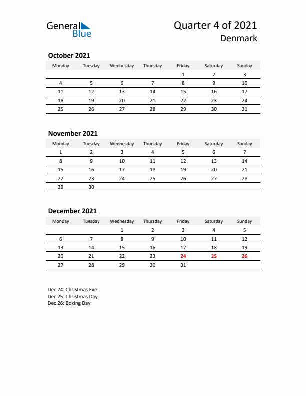 2021 Q4 Three-Month Calendar for Denmark