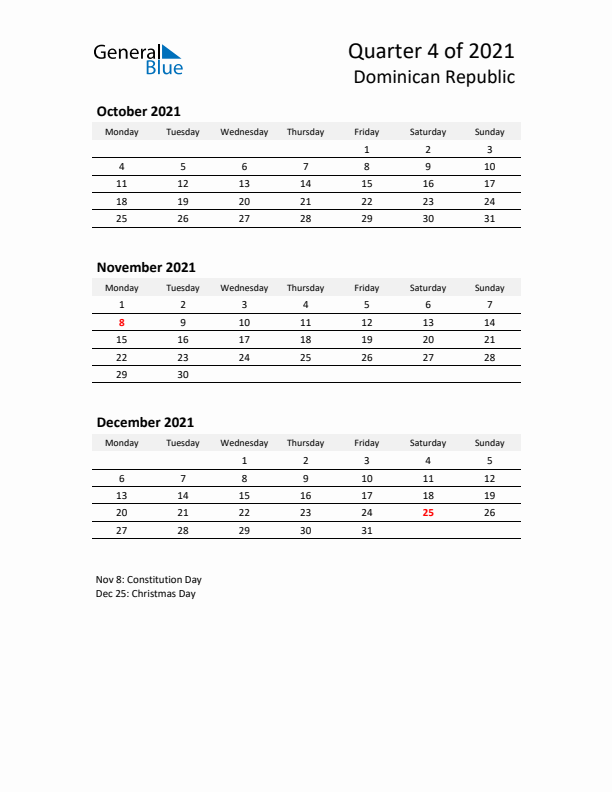 2021 Q4 Three-Month Calendar for Dominican Republic