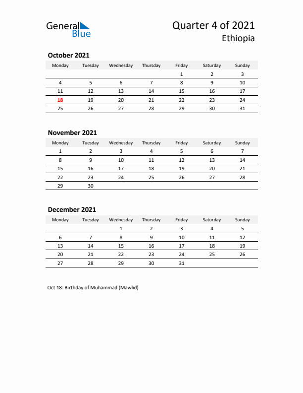 2021 Q4 Three-Month Calendar for Ethiopia