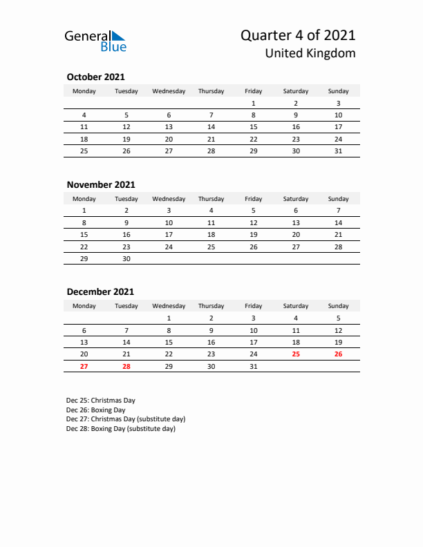 2021 Q4 Three-Month Calendar for United Kingdom