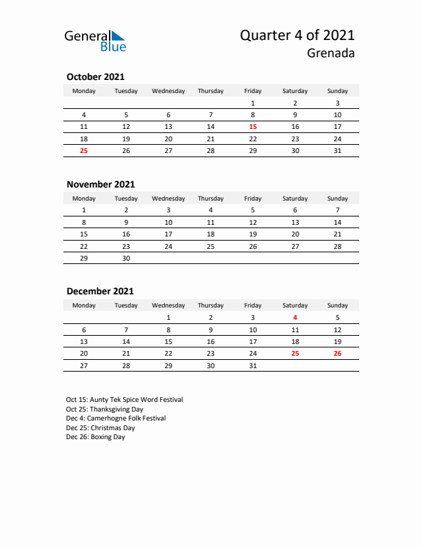 2021 Q4 Three-Month Calendar for Grenada