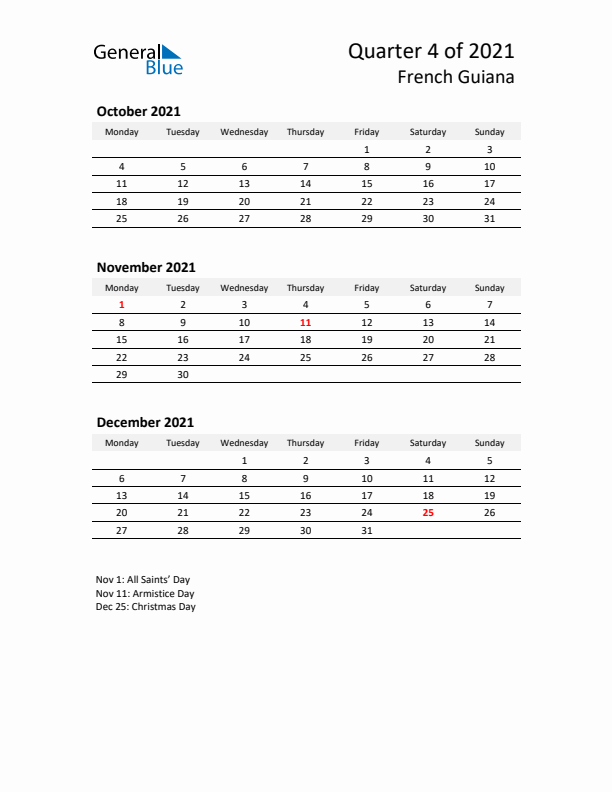 2021 Q4 Three-Month Calendar for French Guiana