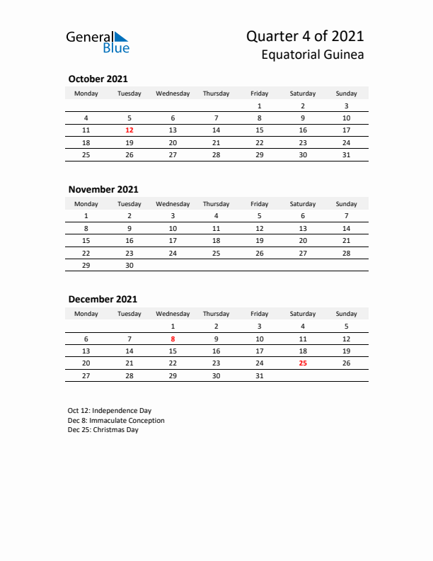 2021 Q4 Three-Month Calendar for Equatorial Guinea