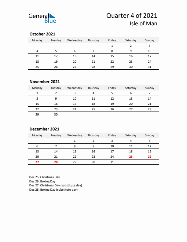 2021 Q4 Three-Month Calendar for Isle of Man