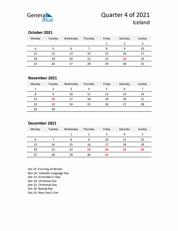 2021 Q4 Three-Month Calendar for Iceland