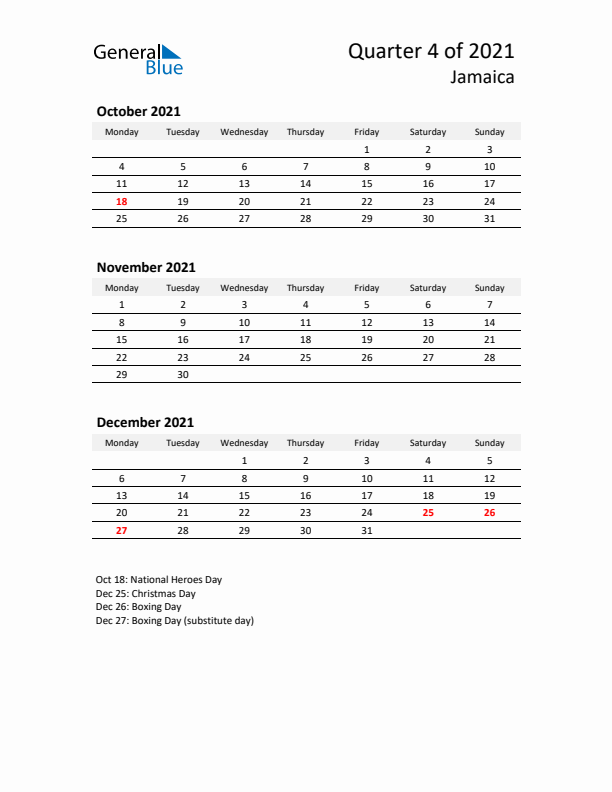 2021 Q4 Three-Month Calendar for Jamaica