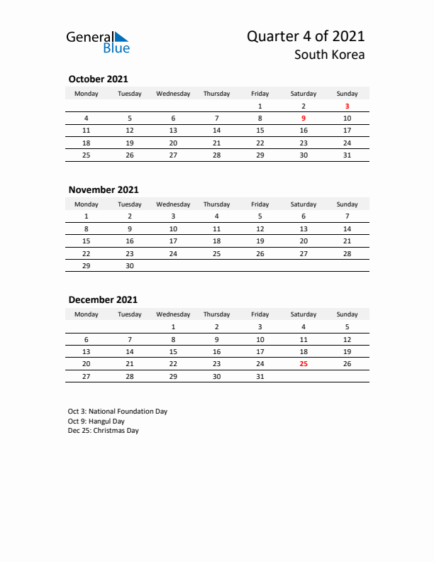 2021 Q4 Three-Month Calendar for South Korea