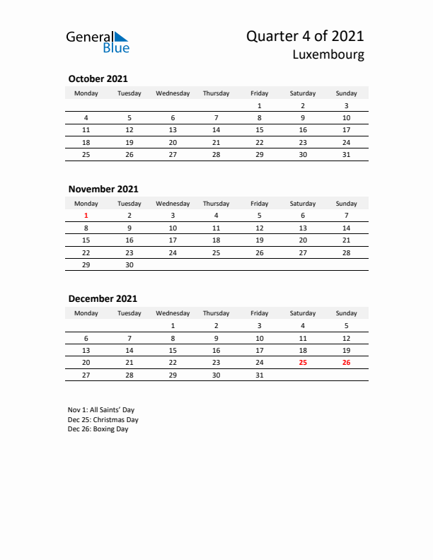 2021 Q4 Three-Month Calendar for Luxembourg