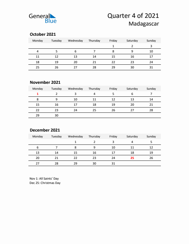 2021 Q4 Three-Month Calendar for Madagascar