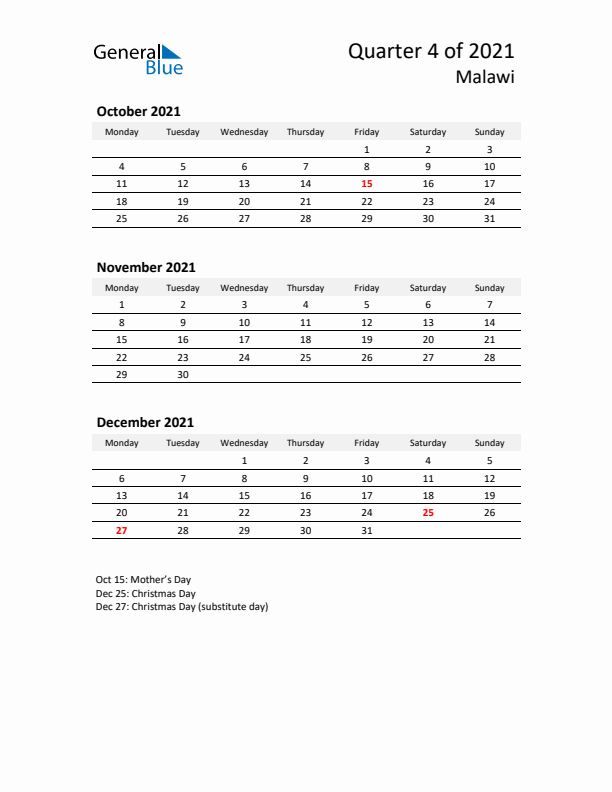 2021 Q4 Three-Month Calendar for Malawi