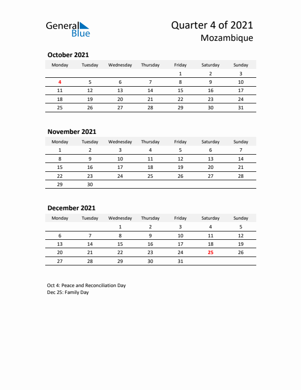 2021 Q4 Three-Month Calendar for Mozambique