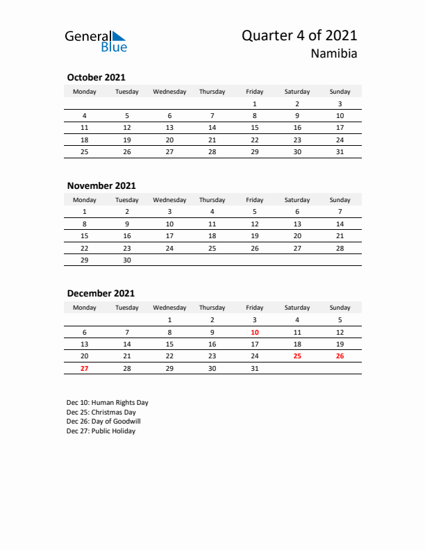 2021 Q4 Three-Month Calendar for Namibia