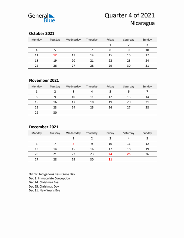 2021 Q4 Three-Month Calendar for Nicaragua