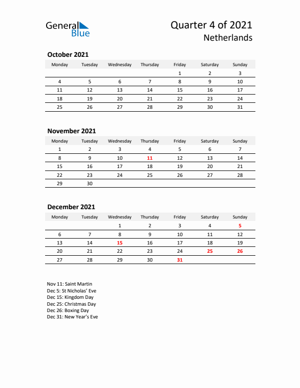 2021 Q4 Three-Month Calendar for The Netherlands