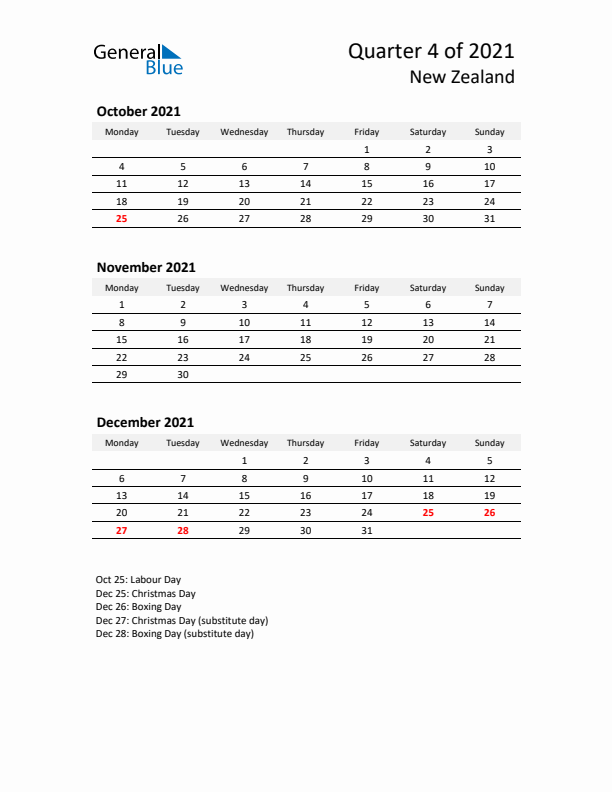 2021 Q4 Three-Month Calendar for New Zealand