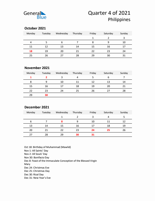 2021 Q4 Three-Month Calendar for Philippines