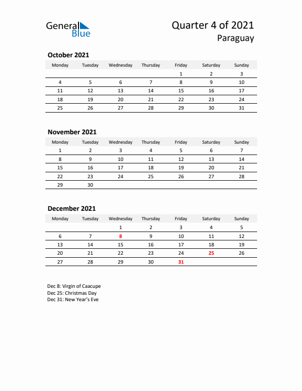 2021 Q4 Three-Month Calendar for Paraguay