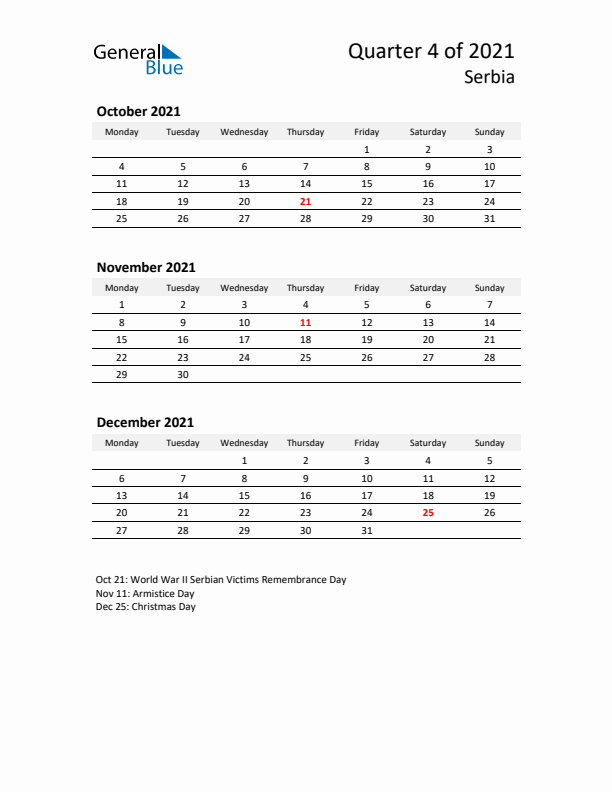 2021 Q4 Three-Month Calendar for Serbia