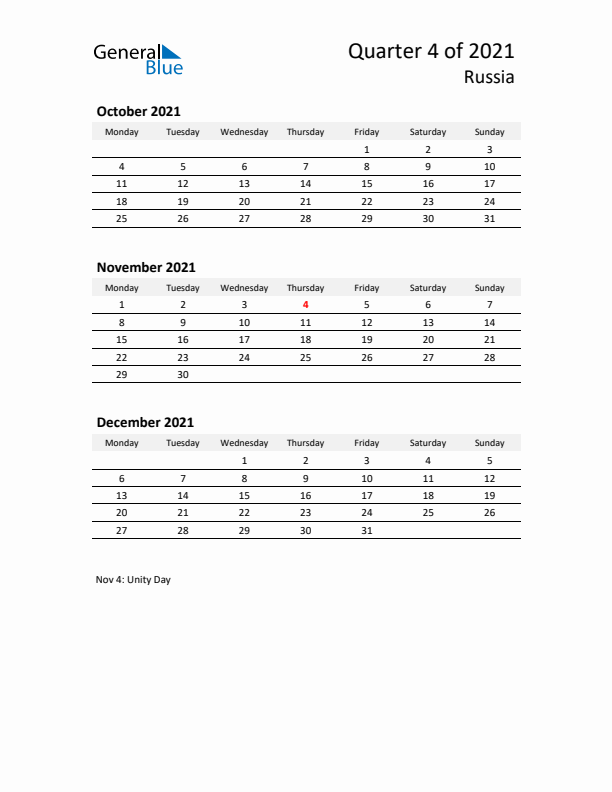 2021 Q4 Three-Month Calendar for Russia