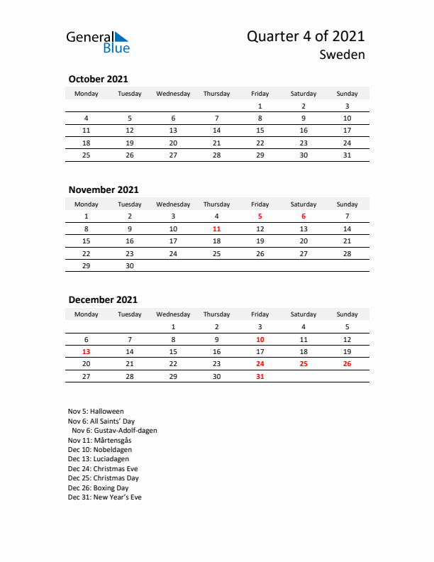 2021 Q4 Three-Month Calendar for Sweden