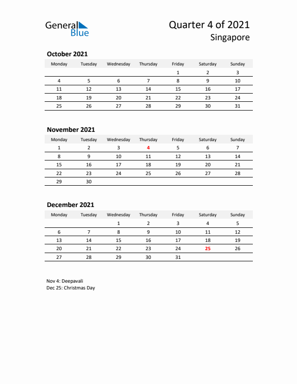 2021 Q4 Three-Month Calendar for Singapore