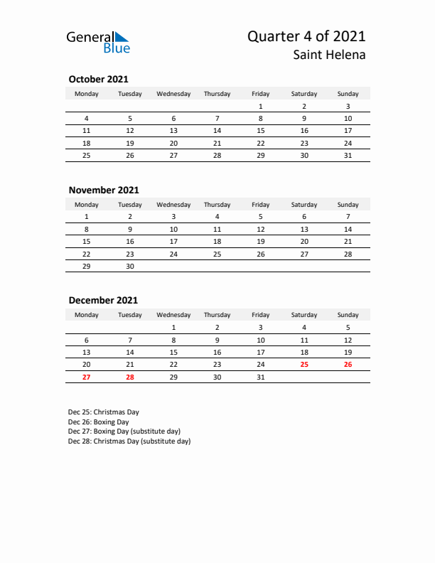 2021 Q4 Three-Month Calendar for Saint Helena