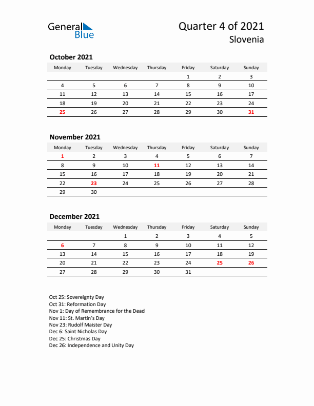 2021 Q4 Three-Month Calendar for Slovenia