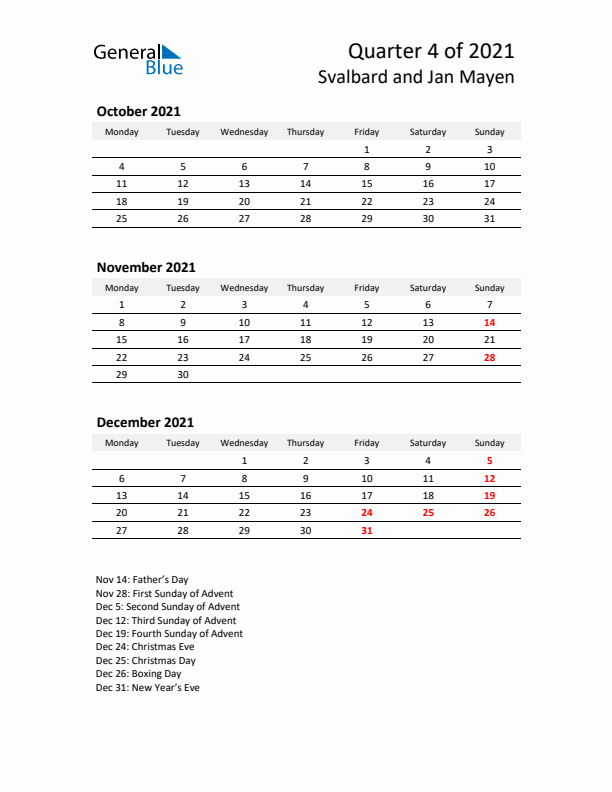 2021 Q4 Three-Month Calendar for Svalbard and Jan Mayen