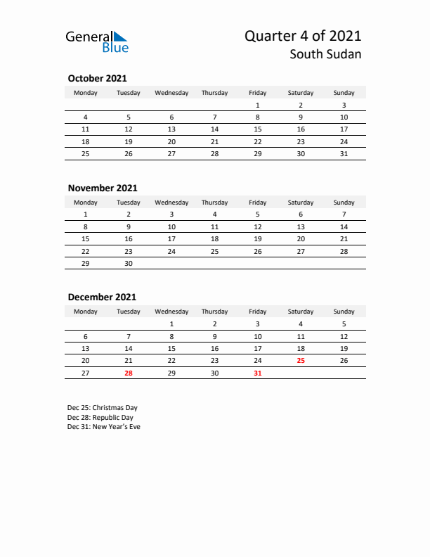 2021 Q4 Three-Month Calendar for South Sudan