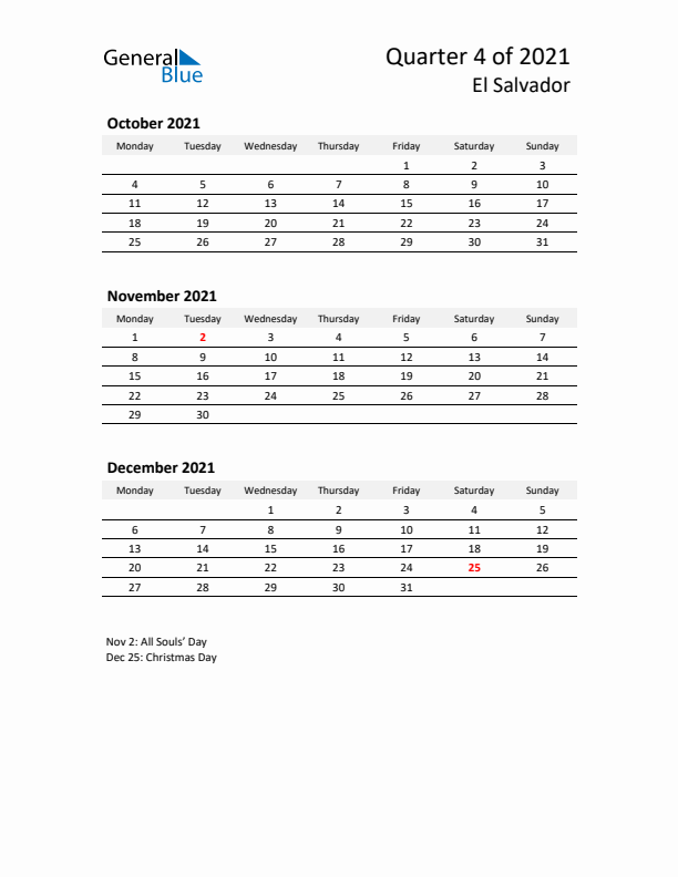 2021 Q4 Three-Month Calendar for El Salvador