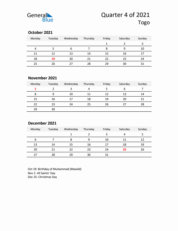 2021 Q4 Three-Month Calendar for Togo