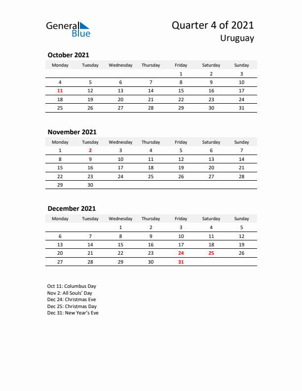 2021 Q4 Three-Month Calendar for Uruguay