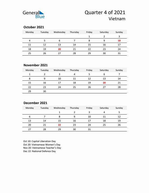 2021 Q4 Three-Month Calendar for Vietnam