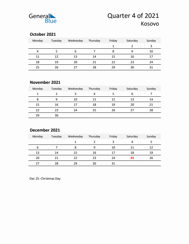 2021 Q4 Three-Month Calendar for Kosovo