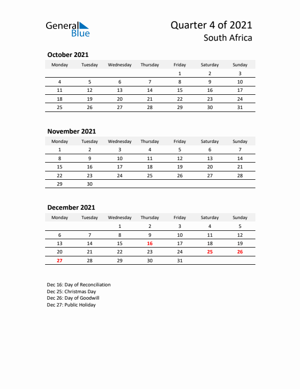 2021 Q4 Three-Month Calendar for South Africa