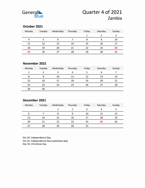 2021 Q4 Three-Month Calendar for Zambia