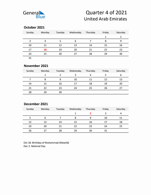 2021 Q4 Three-Month Calendar for United Arab Emirates