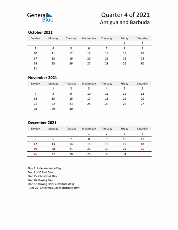 2021 Q4 Three-Month Calendar for Antigua and Barbuda