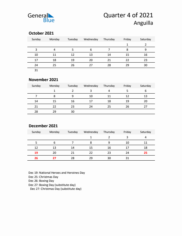 2021 Q4 Three-Month Calendar for Anguilla