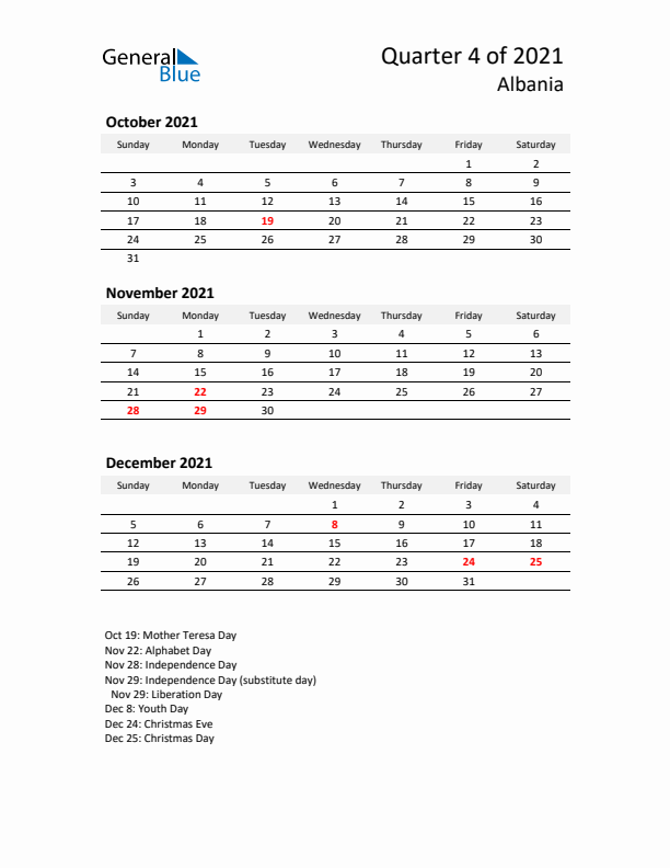 2021 Q4 Three-Month Calendar for Albania