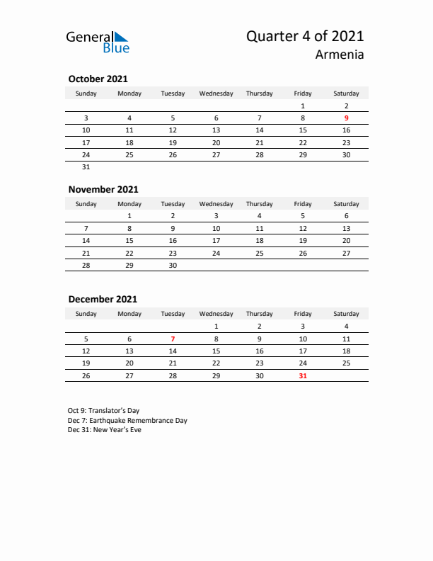 2021 Q4 Three-Month Calendar for Armenia