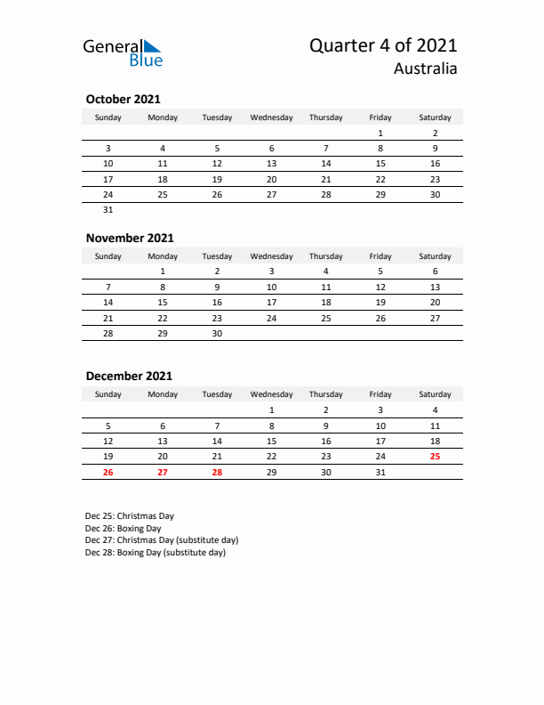 2021 Q4 Three-Month Calendar for Australia