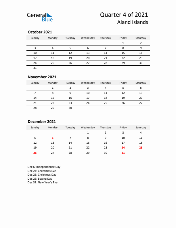 2021 Q4 Three-Month Calendar for Aland Islands