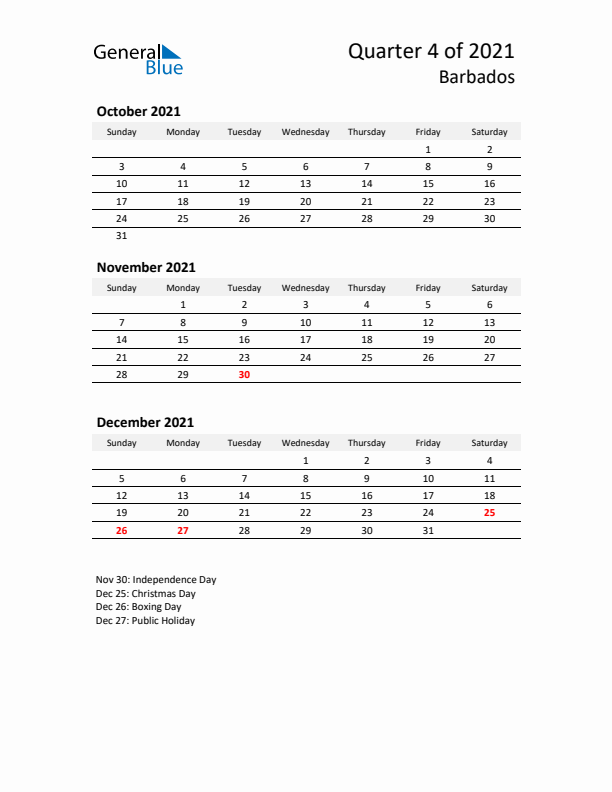 2021 Q4 Three-Month Calendar for Barbados