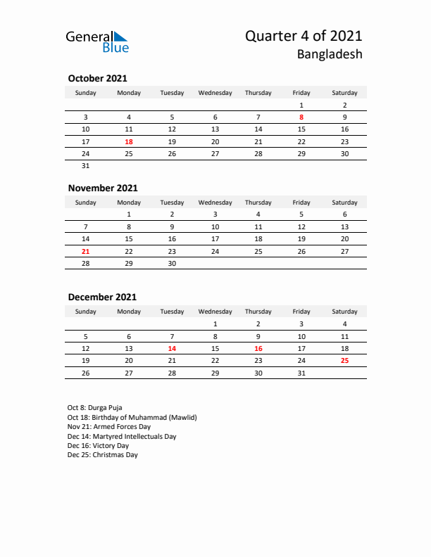 2021 Q4 Three-Month Calendar for Bangladesh