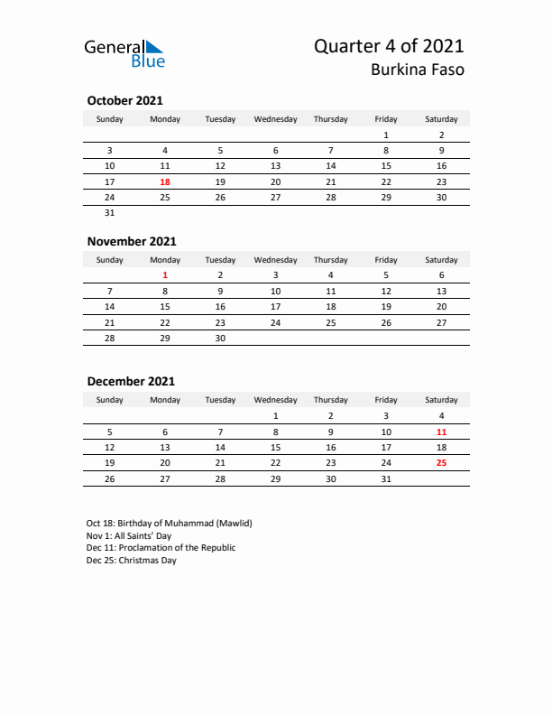 2021 Q4 Three-Month Calendar for Burkina Faso