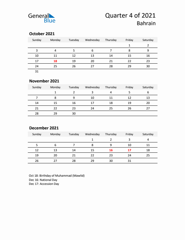 2021 Q4 Three-Month Calendar for Bahrain