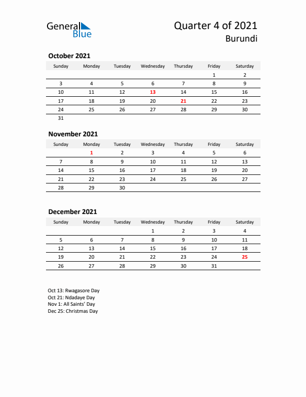 2021 Q4 Three-Month Calendar for Burundi