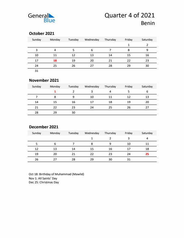 2021 Q4 Three-Month Calendar for Benin