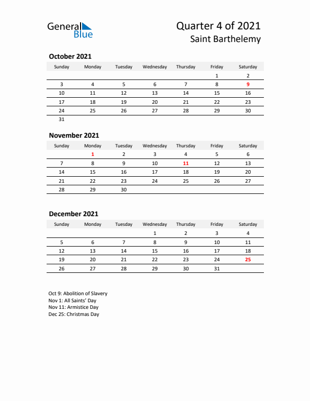 2021 Q4 Three-Month Calendar for Saint Barthelemy